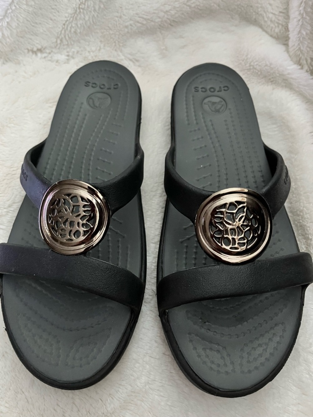 CROCS Grey Sandals with Gold-Tone Medallion . women’s 6